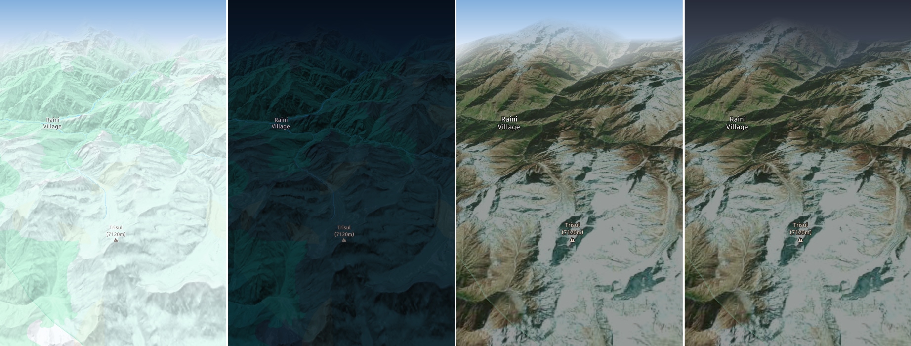 Screenshots (from left to right): MapScheme.DAY with MapFeatureModes.TERRAIN_3D, MapScheme.NIGHT with MapFeatureModes.TERRAIN_3D, MapScheme.HYBRID_DAY with MapFeatureModes.TERRAIN_3D, MapScheme.HYBRID_NIGHT with MapFeatureModes.TERRAIN_3D (only available with the Navigate license).