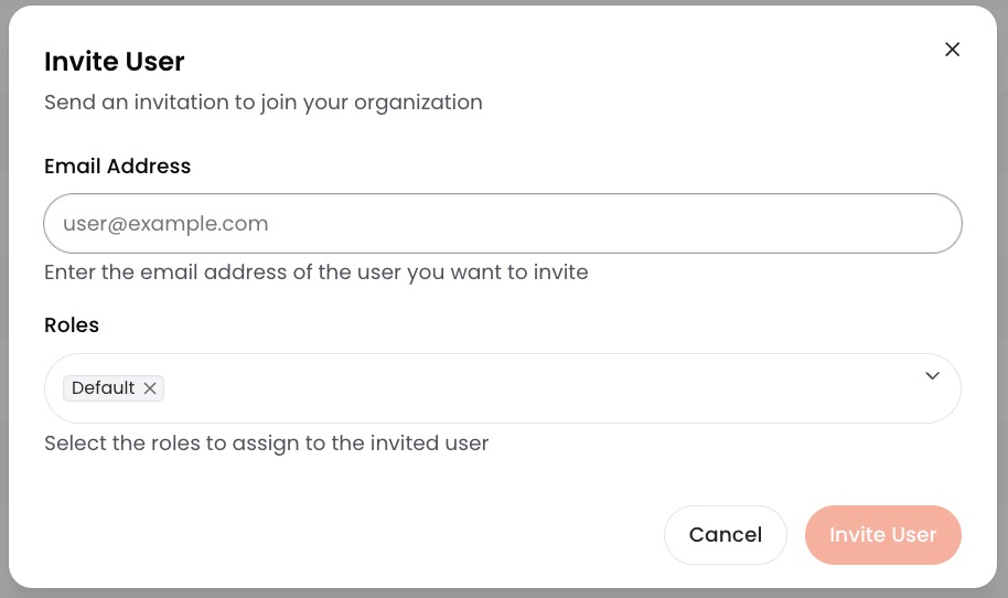Invite User form with email address field