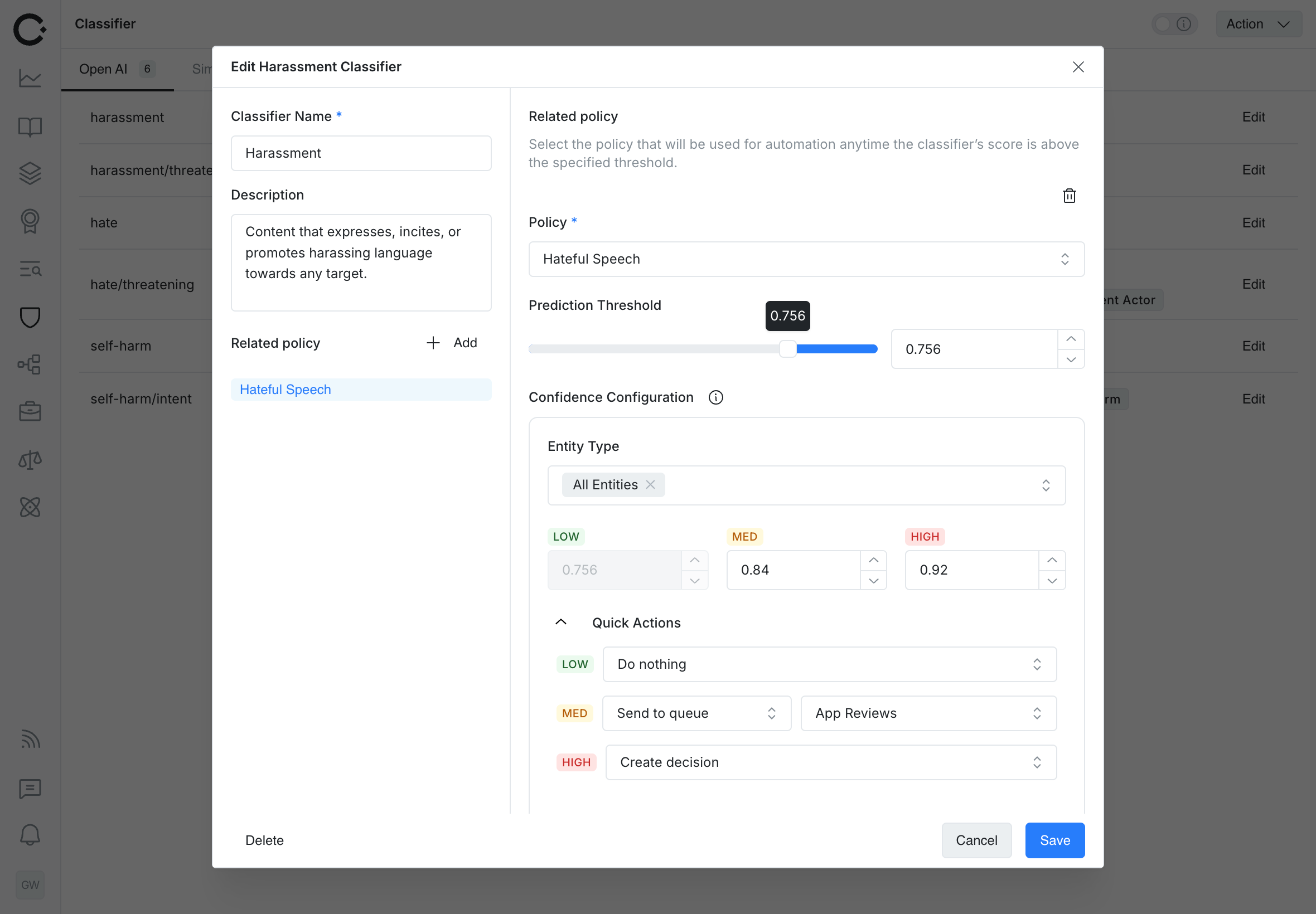 Classifier management interface