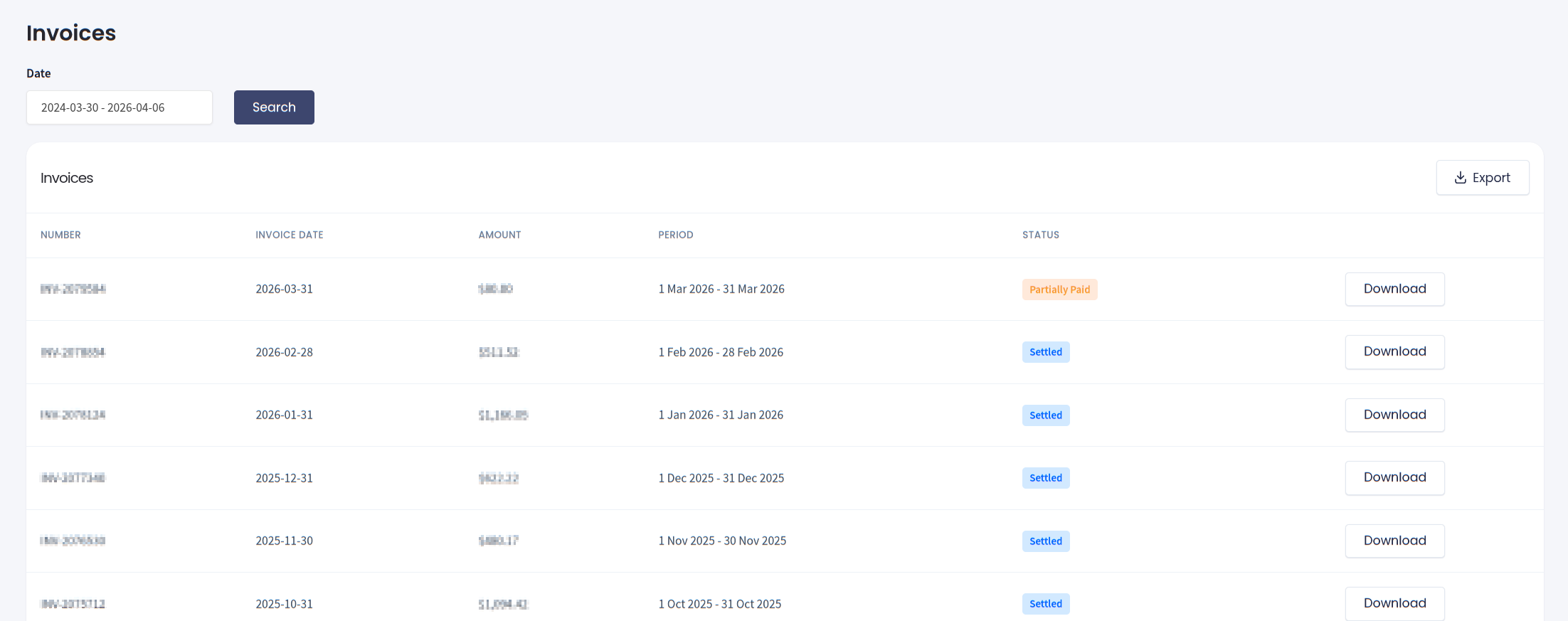 Screenshot of the invoices list