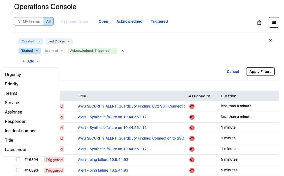 An image detailing filtering capabilities in the Operations Console