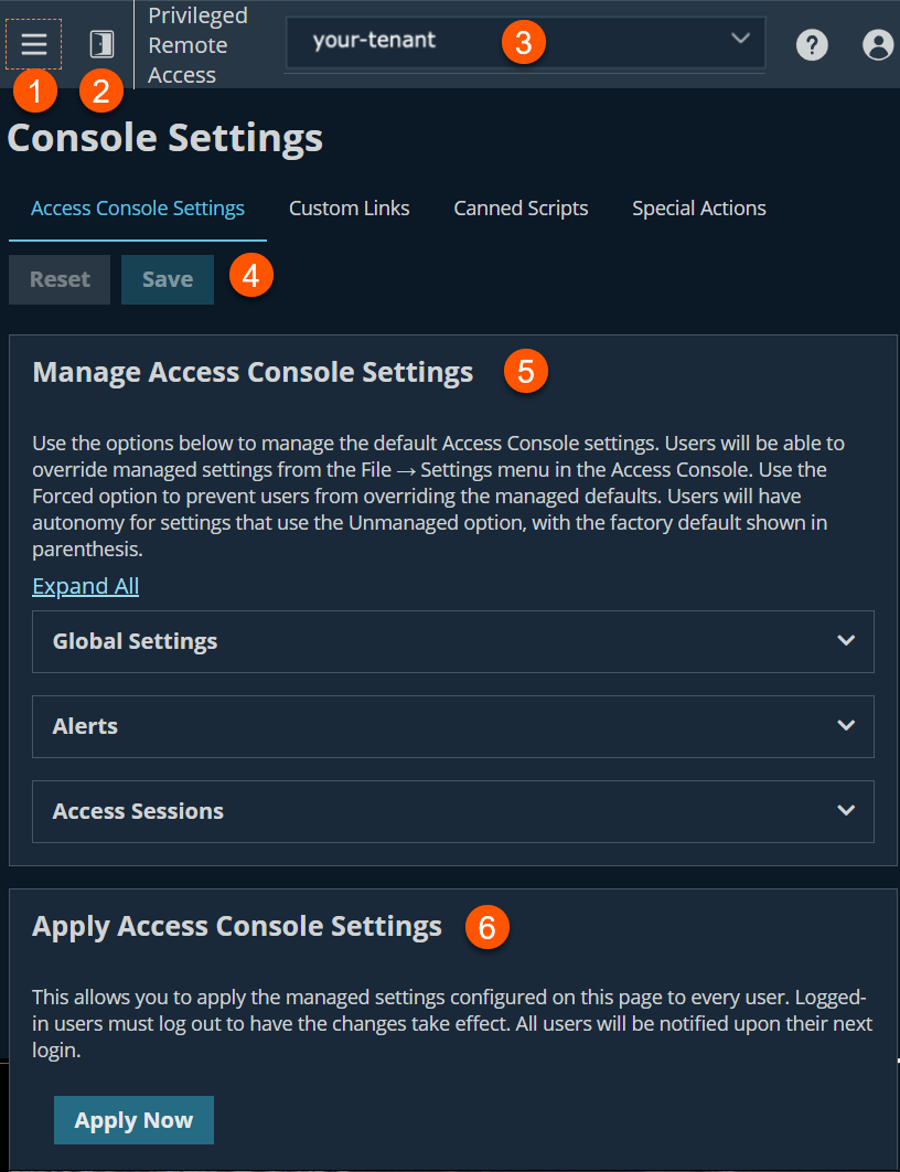 BeyondTrust Privileged Remote Access interface showing the 'Console Settings' page. The 'Access Console Settings' tab is selected, with other tabs including Custom Links, Canned Scripts, and Special Actions. The page features 'Reset' and 'Save' buttons, and a section titled 'Manage Access Console Settings' with expandable options for Global Settings, Alerts, and Access Sessions.