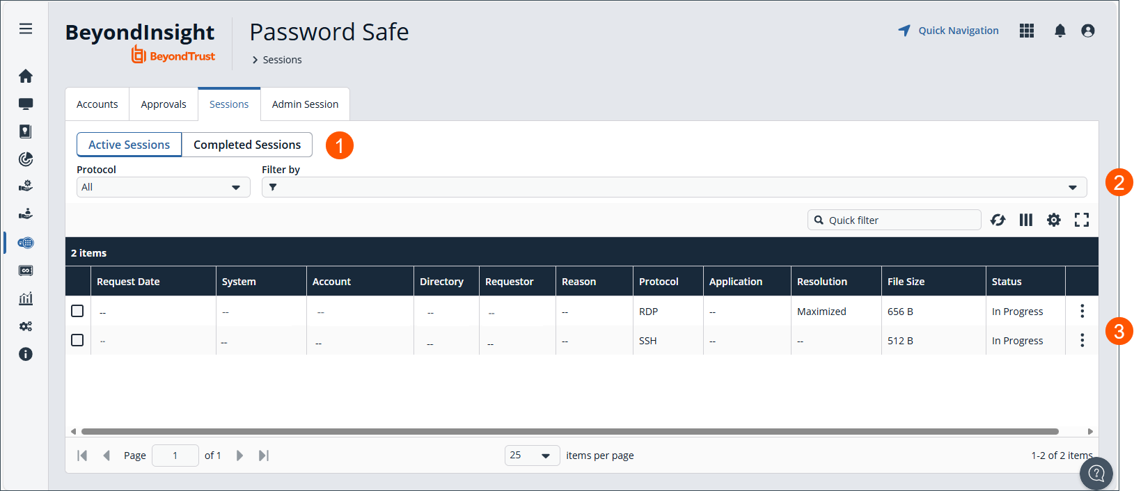 Password Safe Cloud Sessions tab