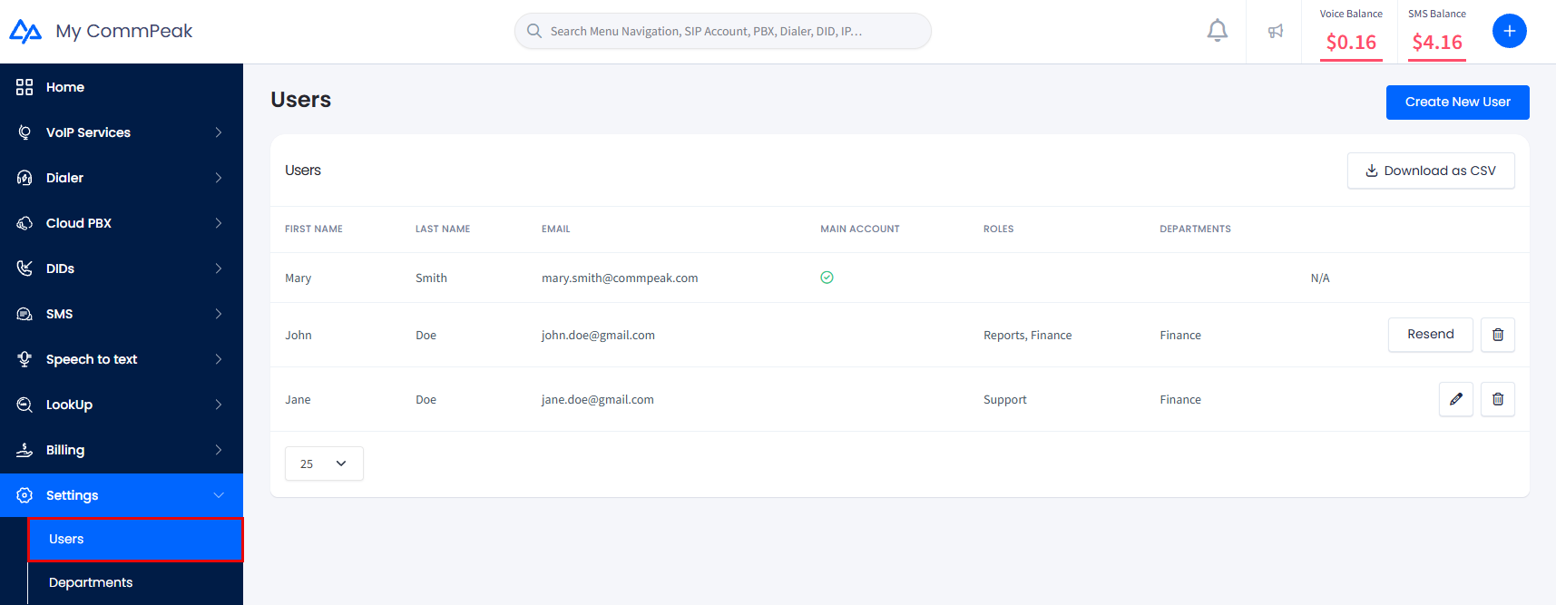 Screenshot of the Settings tab menu