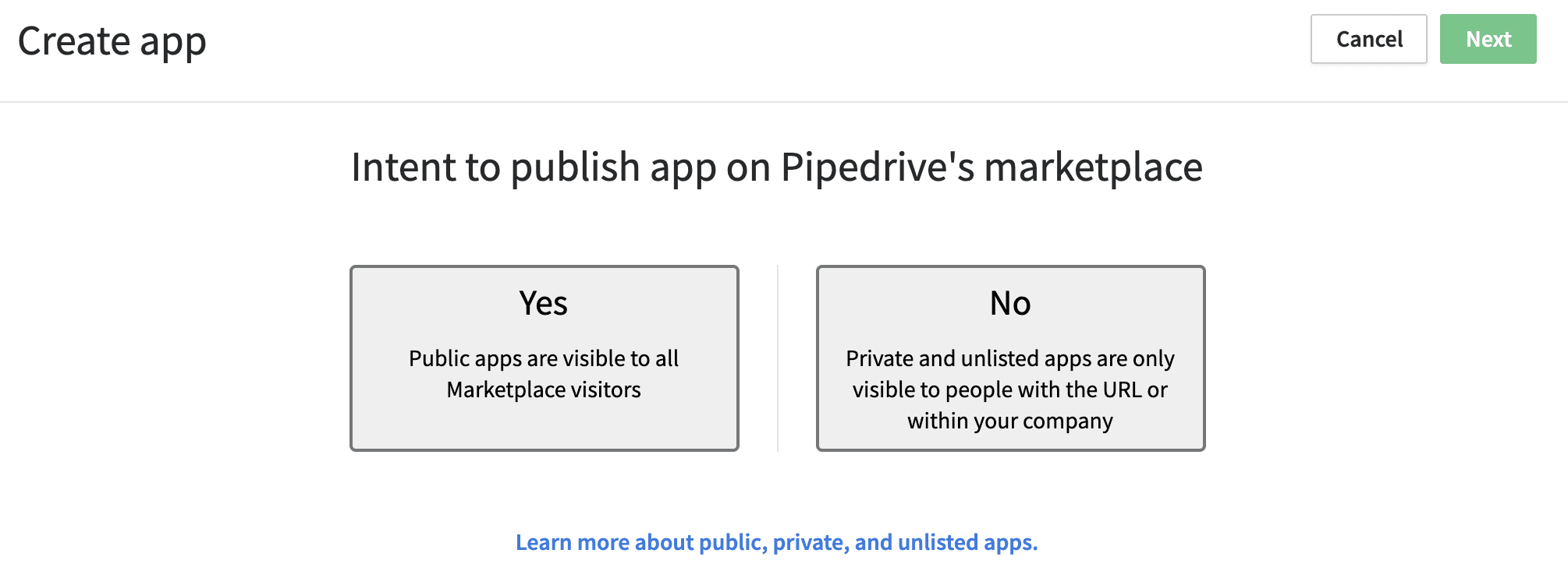 The "Intent to publish app on Pipedrive's Marketplace" screen