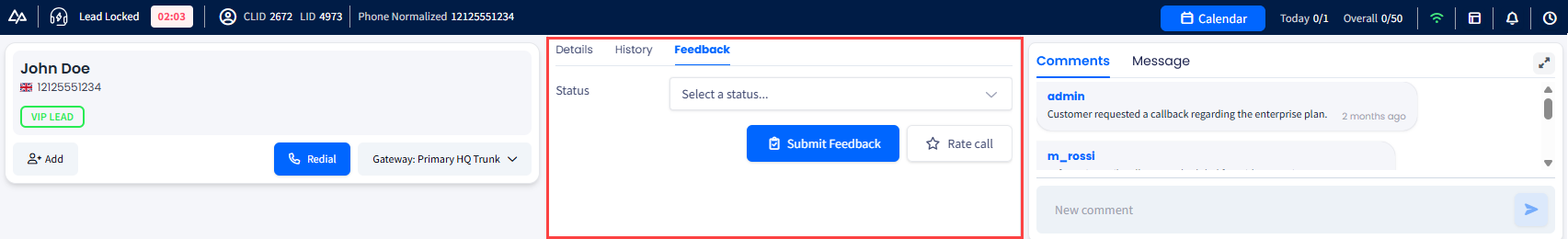 Sceenshot of the Feedback page in the Agent Workspace
