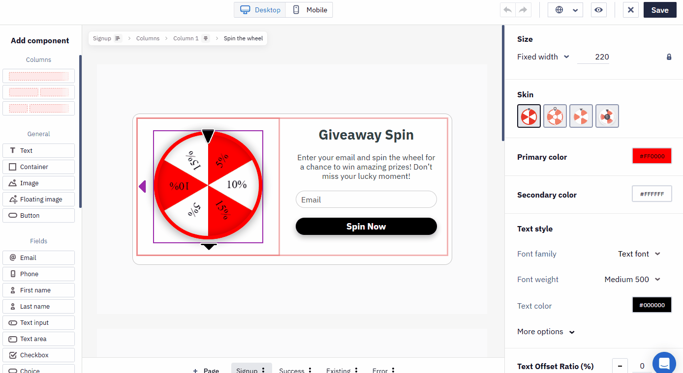 Giveaway Spin widget Style settings showing Align inner elements, size, and background options