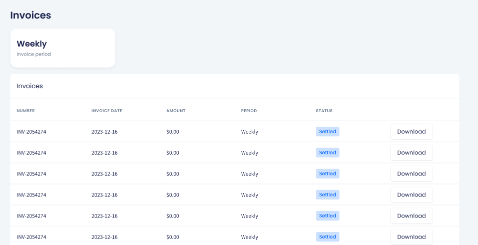 Screenshot of the invoices list