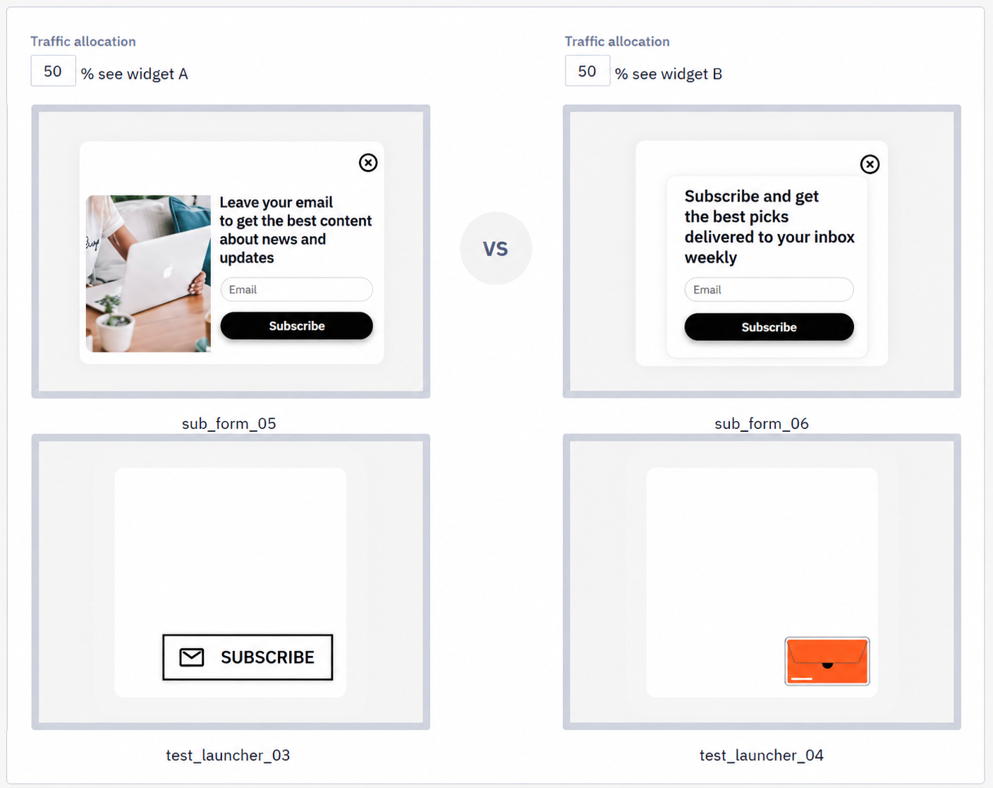 Running the A/B Test for 2 Variations of a Widget Attached to 2 Variations of a Launcher