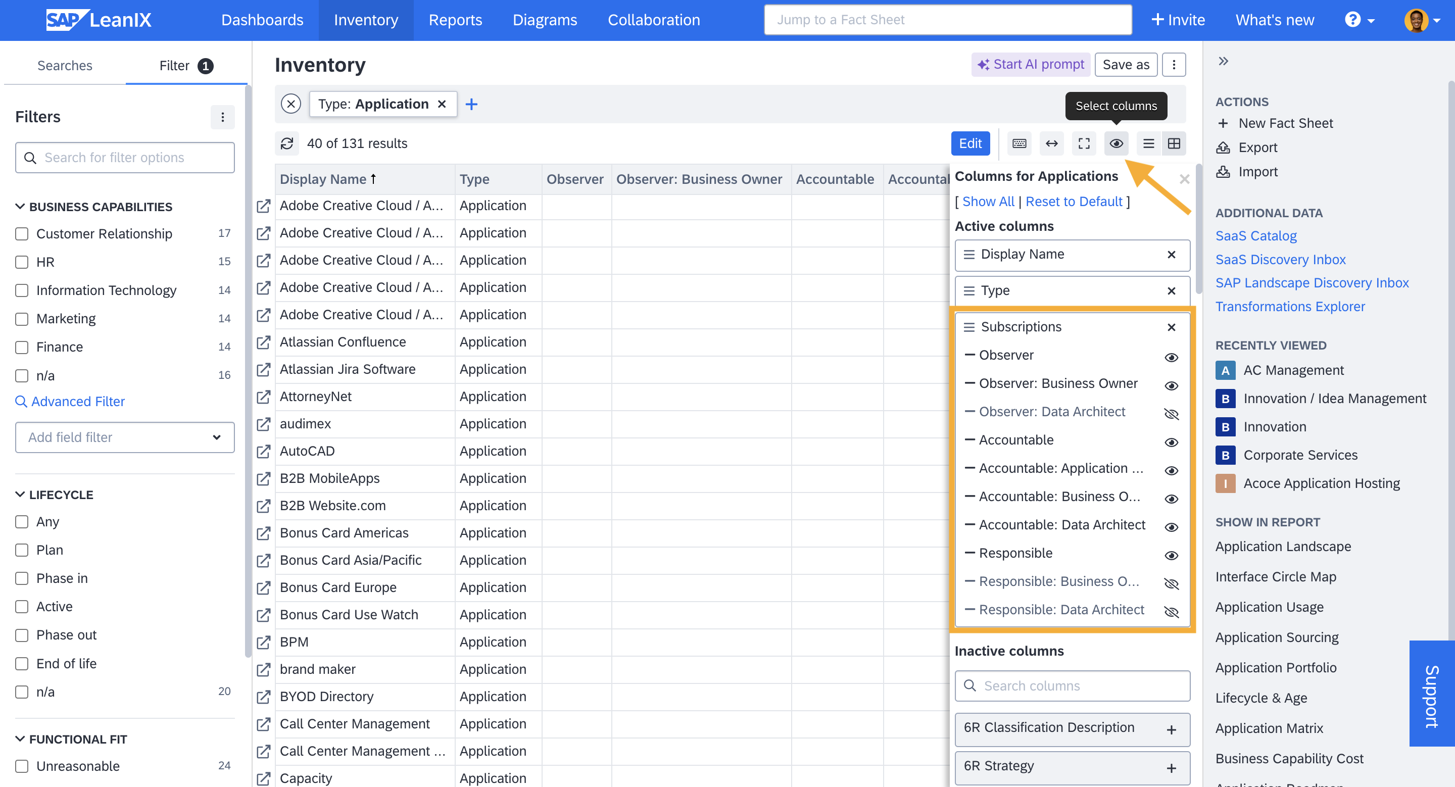 Adding the Subscription Types and Roles as Columns to the Table.