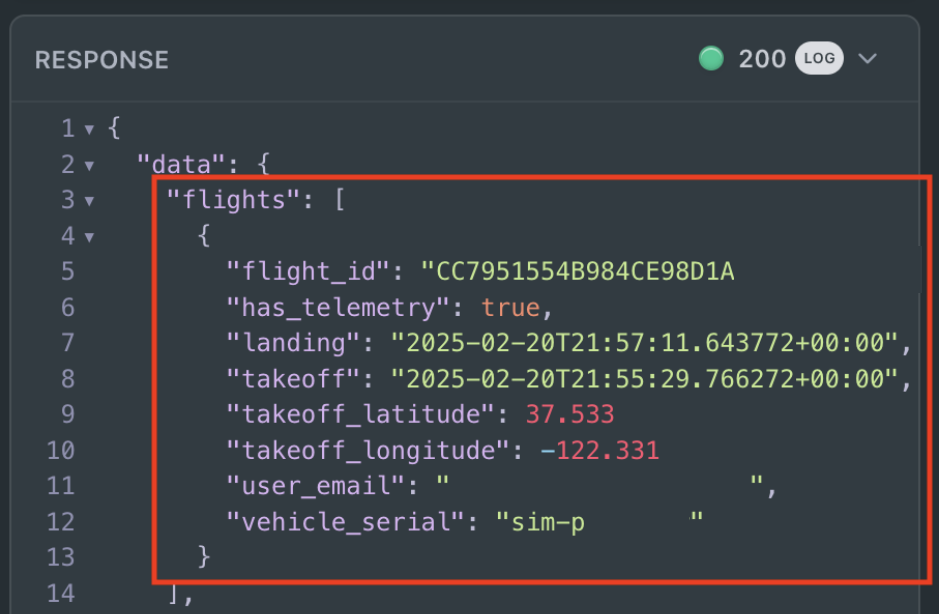 Updated "flights" JSON string after simulator has been flown.