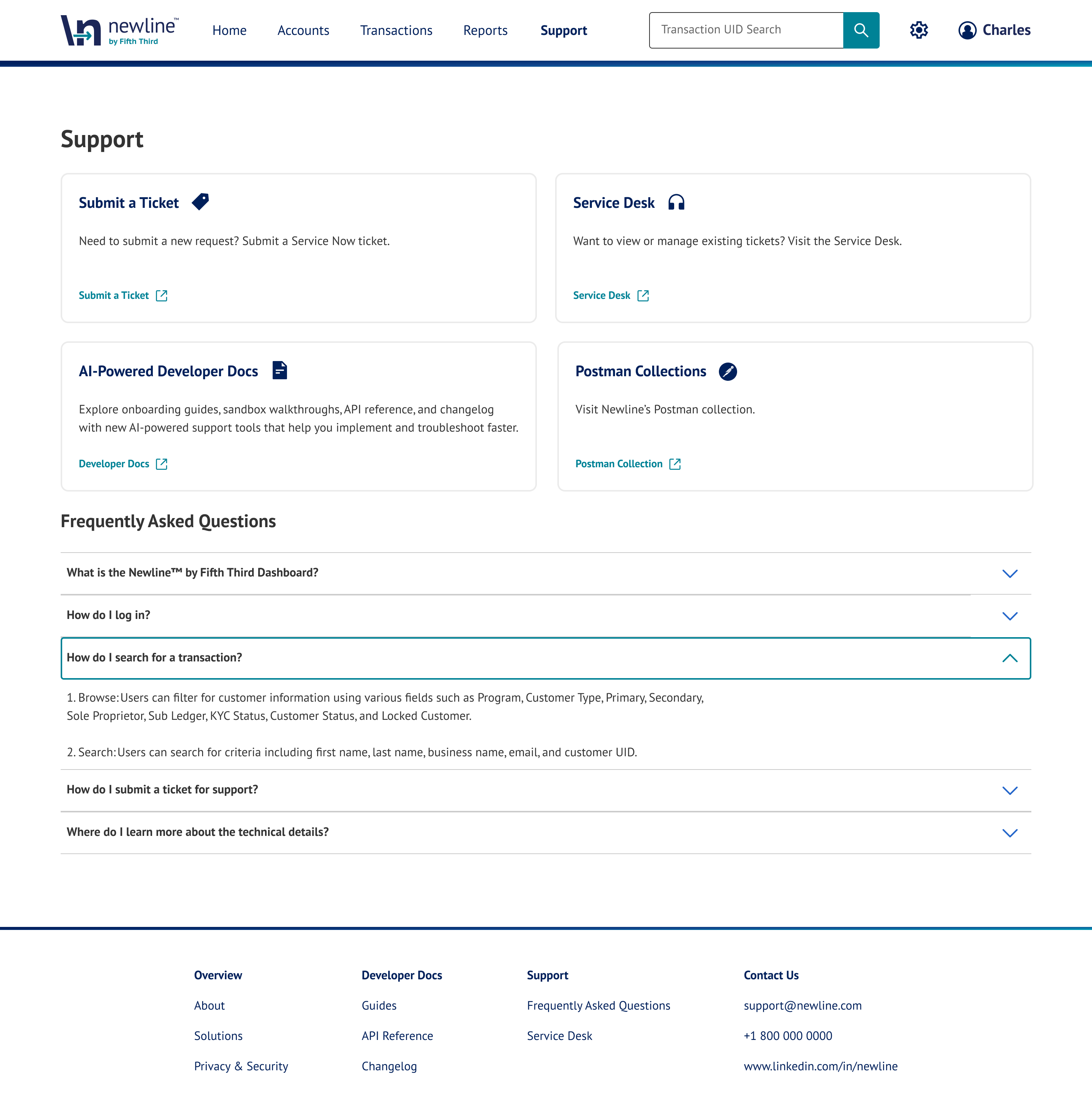 Support tab with service desk, FAQs, and documentation links