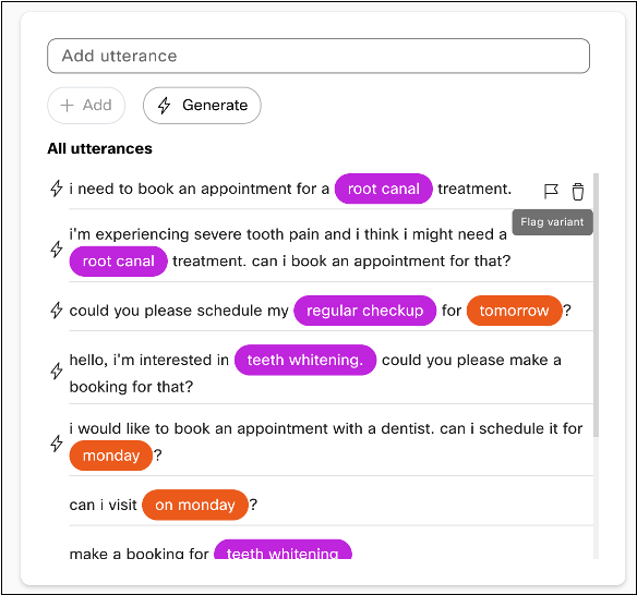 Flag variant option next to a generated utterance