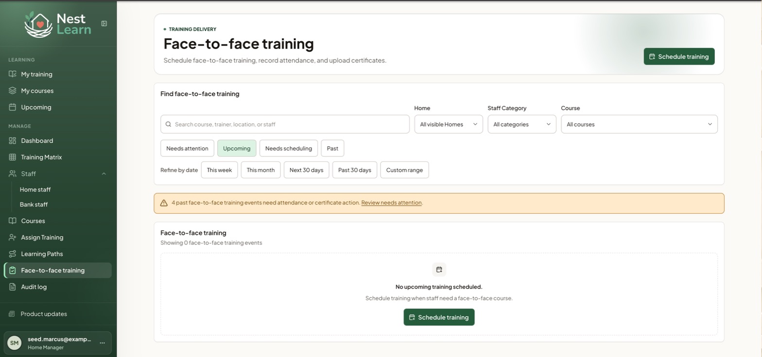 The Face-to-face training page, with status tabs and date filters