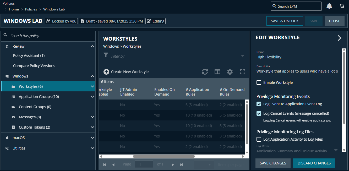Setting privilege monitoring events on a workstyle