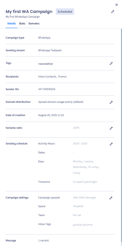 Screenshot of the campaign details: Details tab