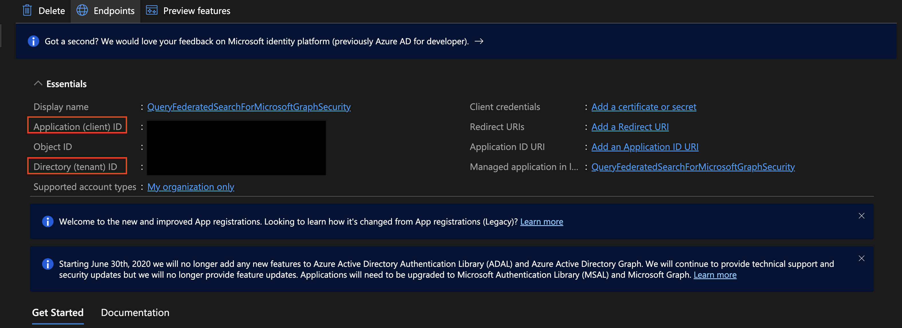 FIG. 3 - Copying the client ID and tenant ID from the App registration