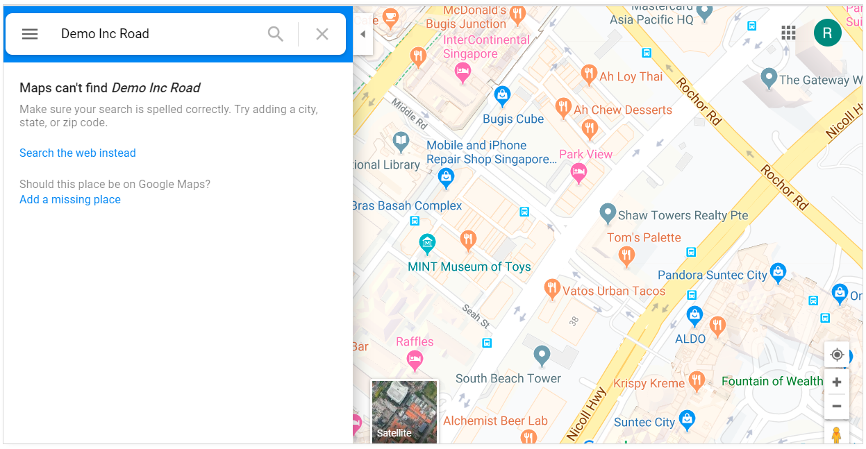 Google Maps: Example of an invalid address