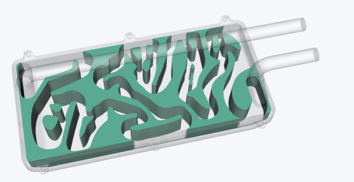 Example result of a custom design case using CNC milling. Where the green volumes are the milled structures