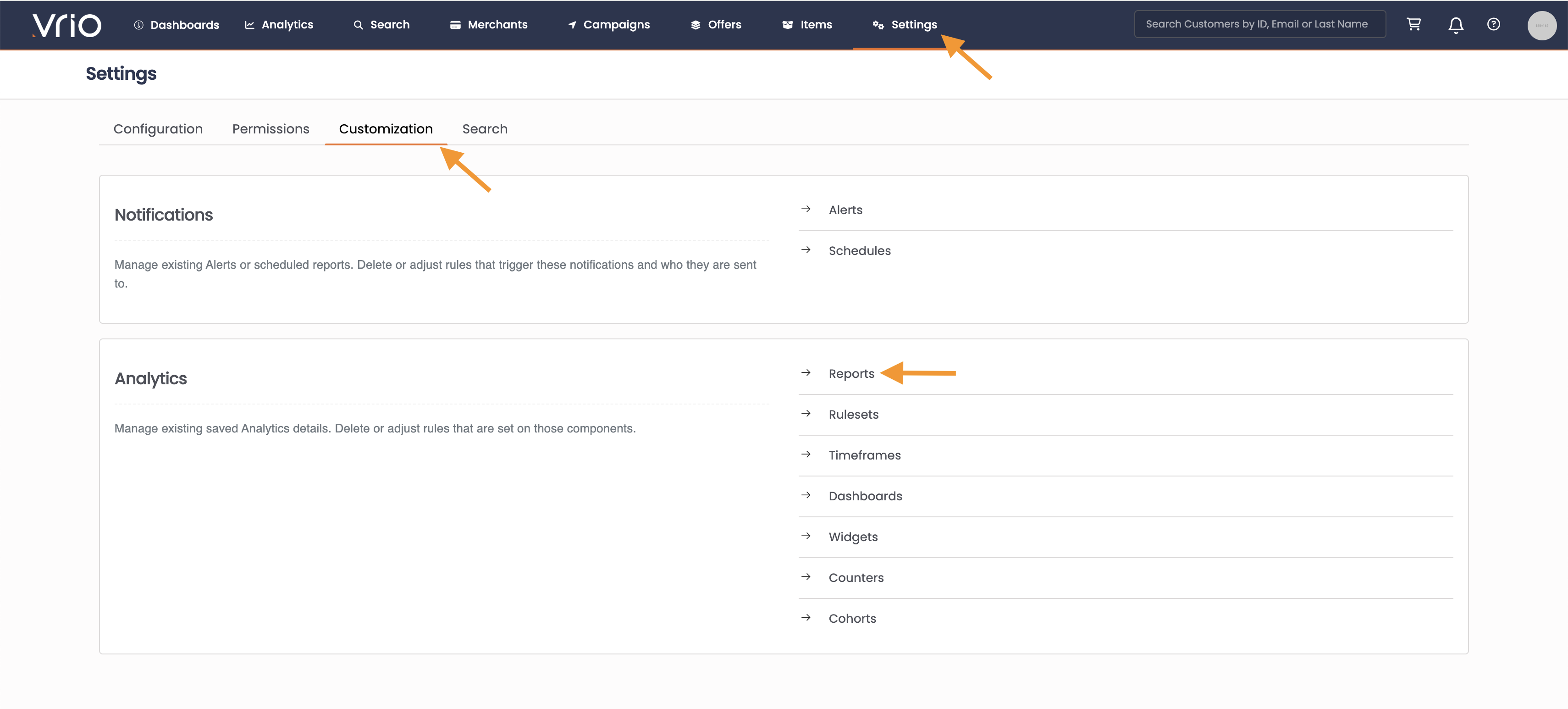 Reports tab under Customization settings