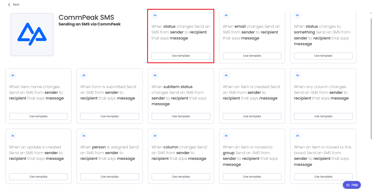 Screenshot with selecting a template to get SMS notifications