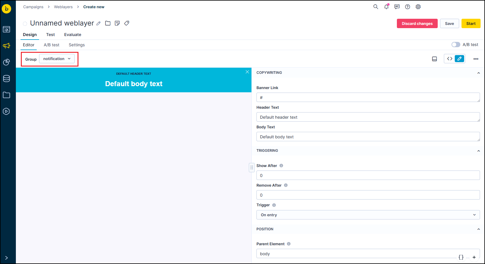 Weblayer group settings screen showing how to assign campaigns to groups for prioritization in Bloomreach Engagement.