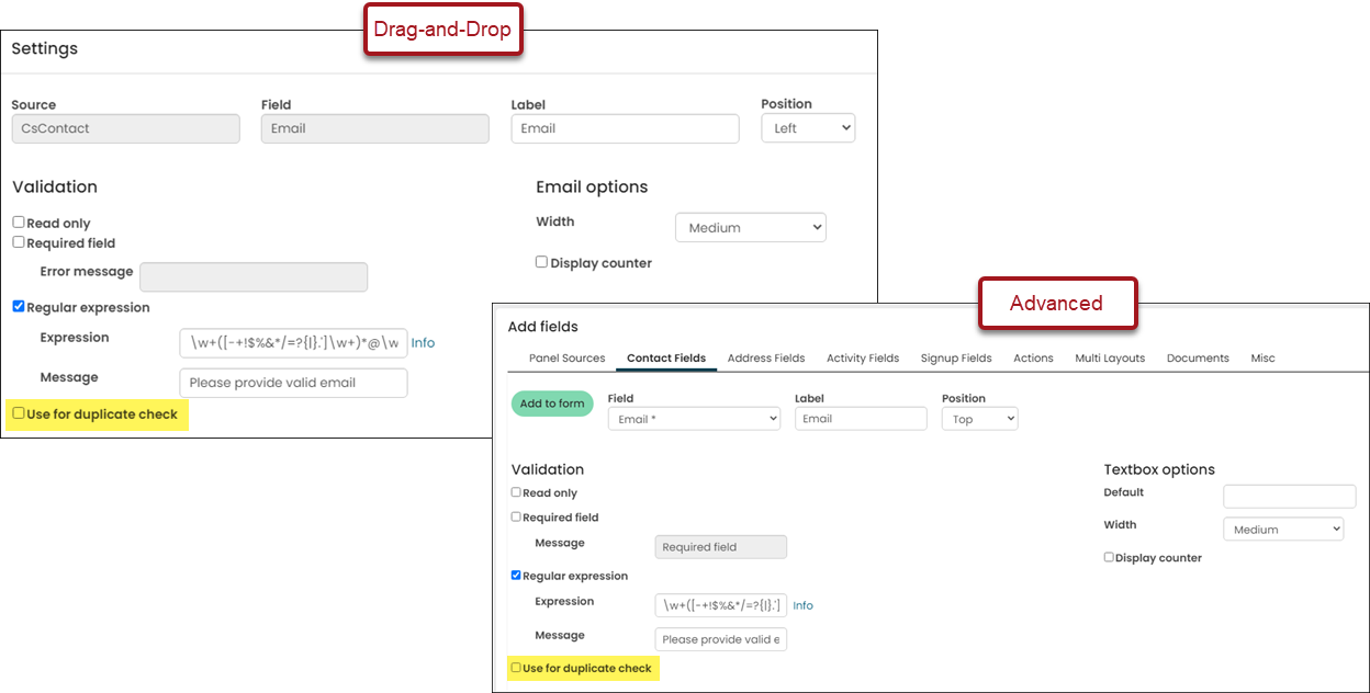 Viewing drag and drop and advanced modes