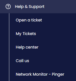 Screenshot of the expanded Help and Support menu in the CommPeak Portal