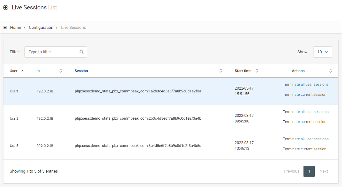 Screenshot of the Configuration > Live Sessions page