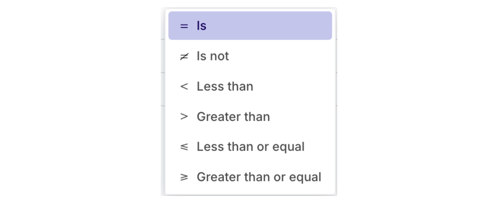 Different operators are available depending on the chosen type for your field.