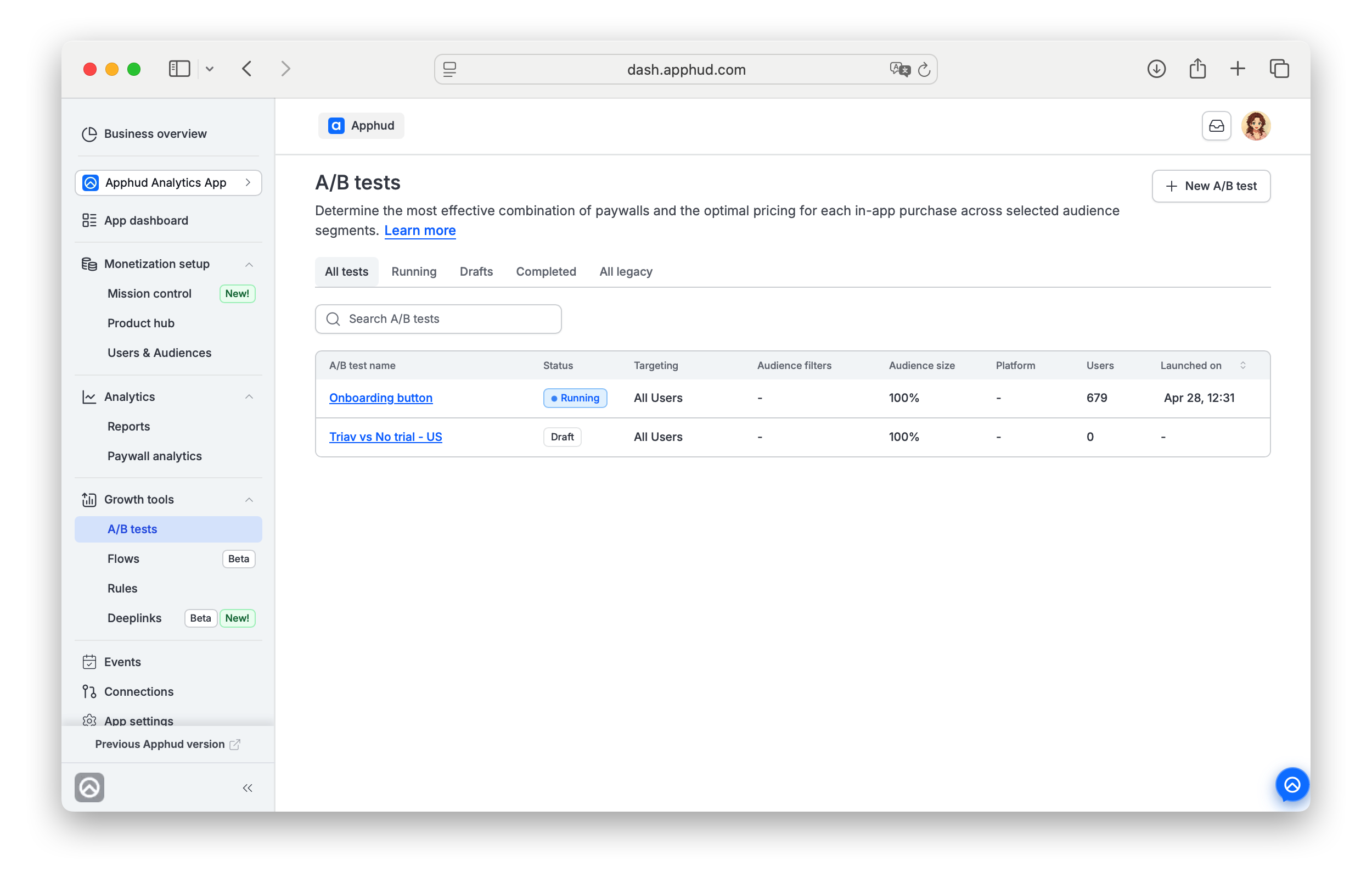 Apphud - A/B tests list page