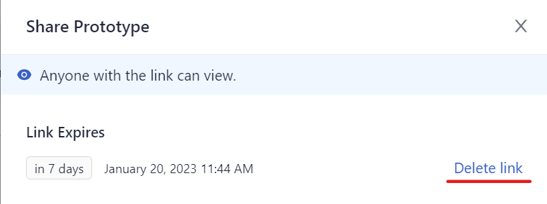 The Share Prototype pop up window with the delete link option highlighted