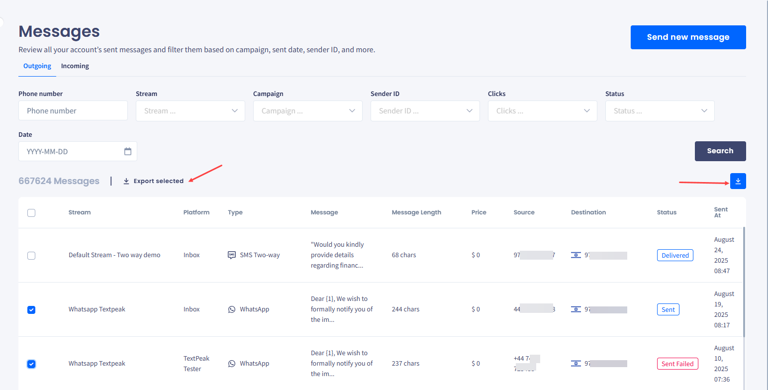 Screenshot of exporting the selected records or whole table by filters.