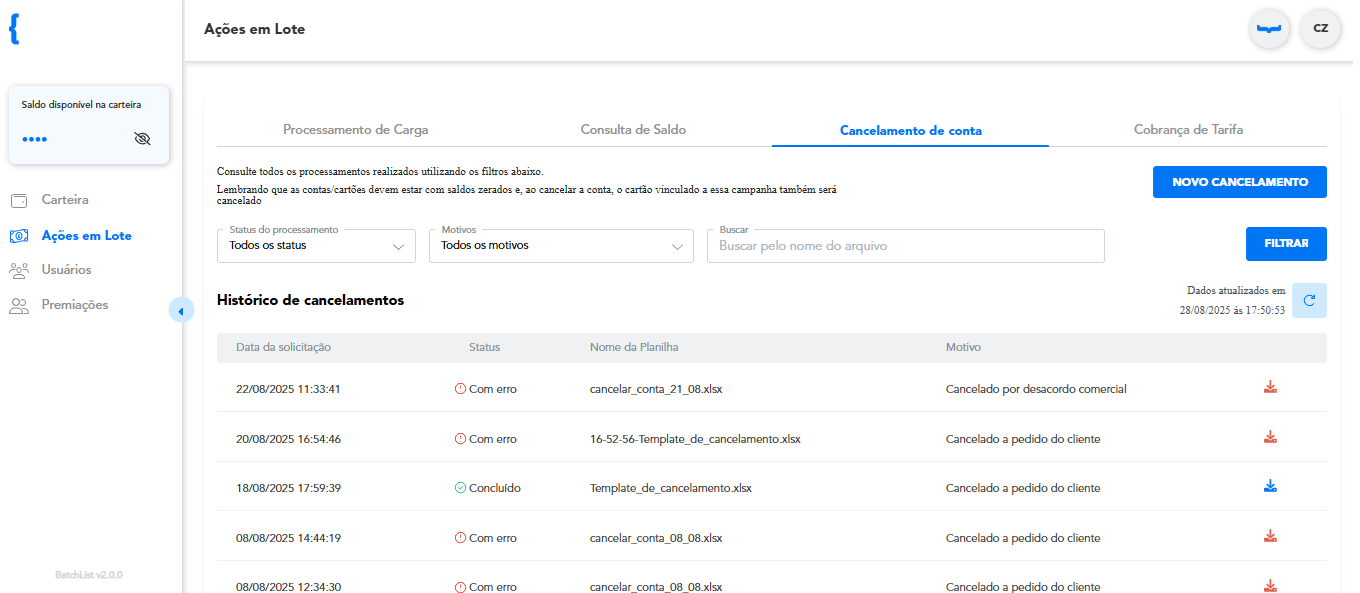 Menu Ações em Lote: Cancelamento de Conta