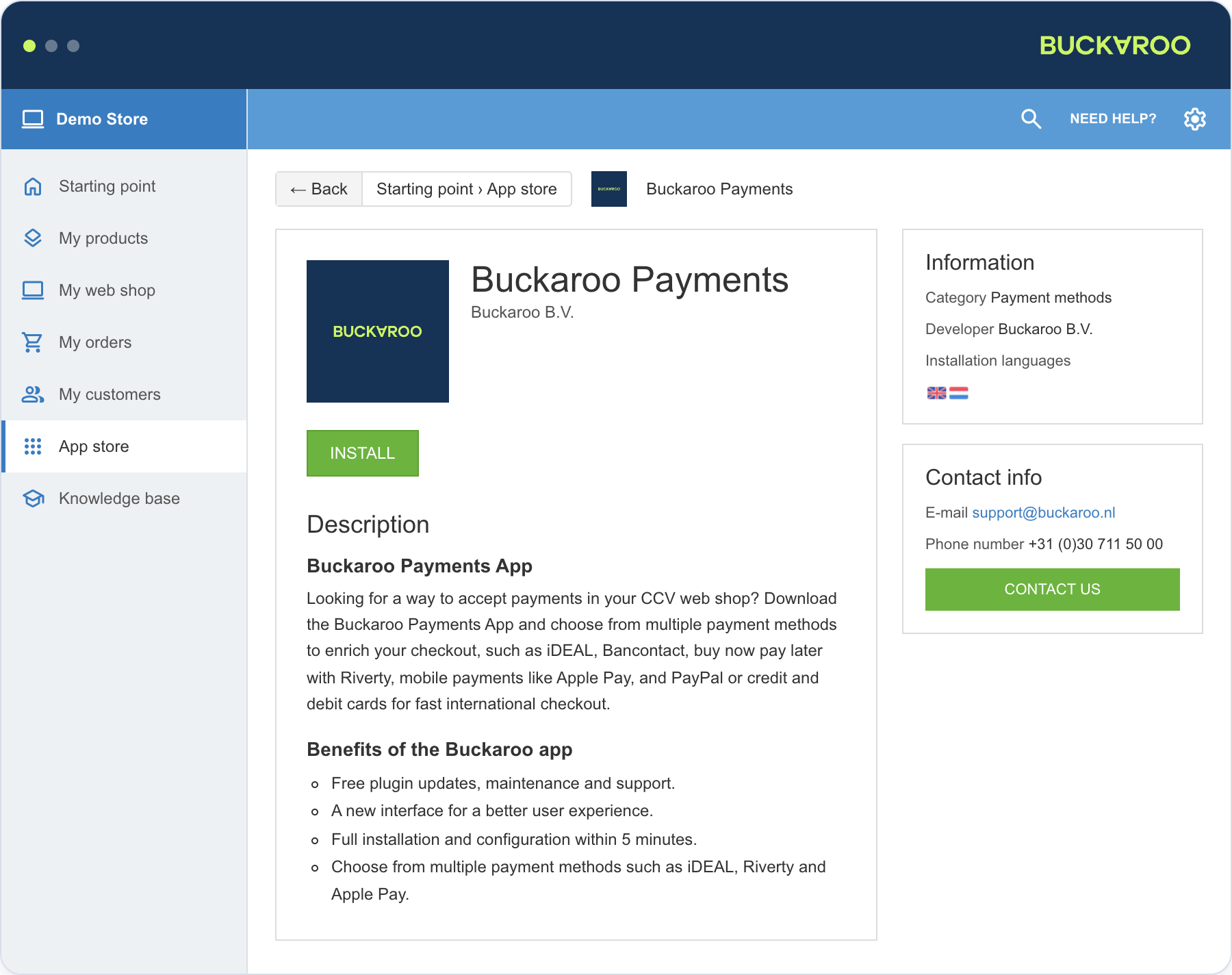 Buckaroo app for CCV Shop  installation page