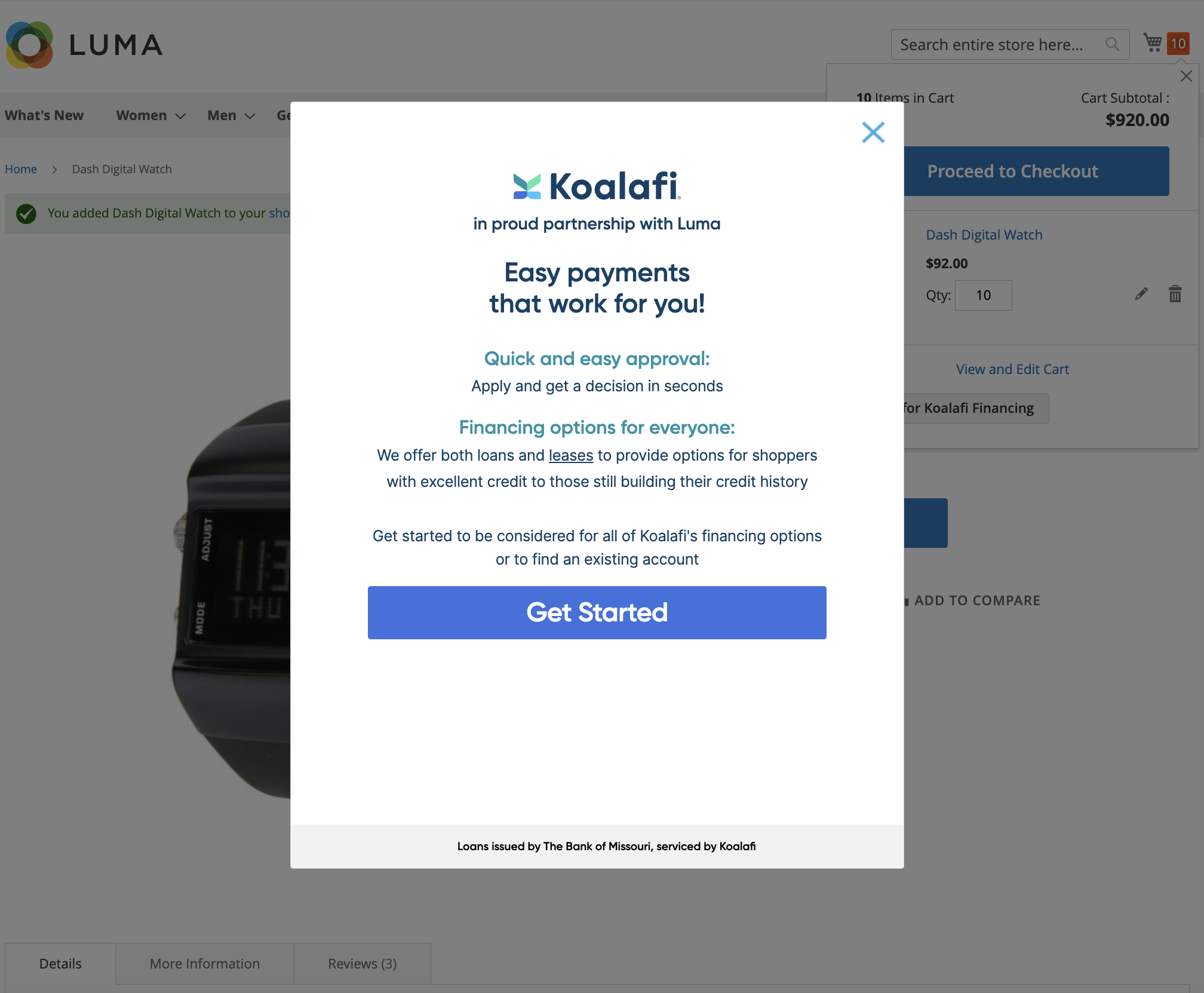 Koalafi financing application within a modal