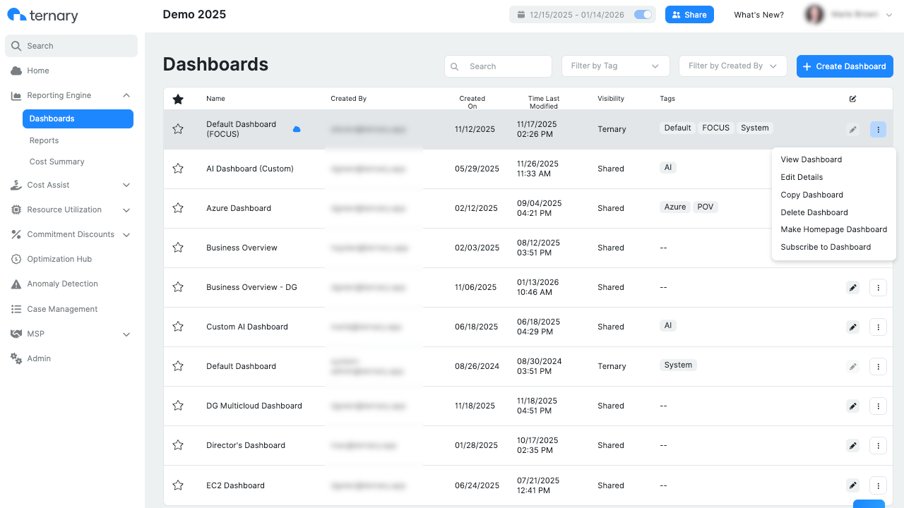 Ternary dashboard management