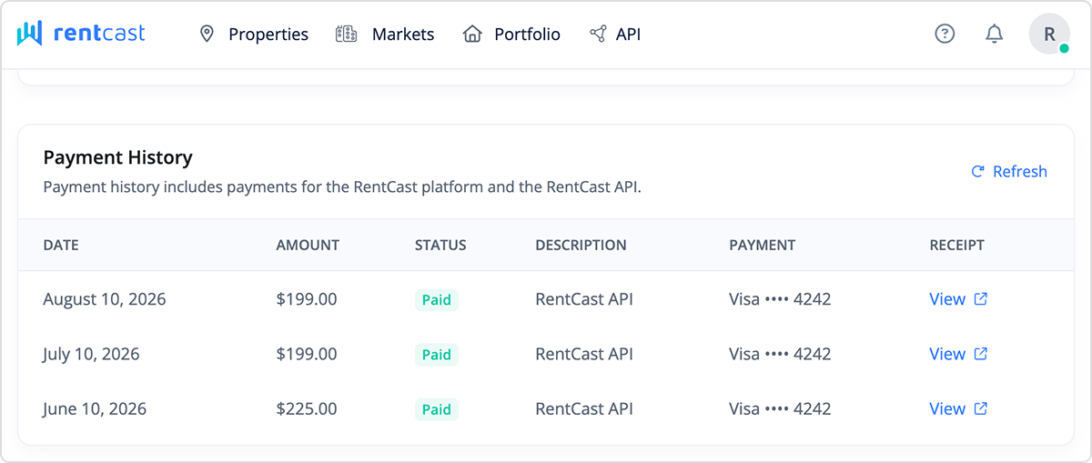 Viewing RentCast API invoices and receipts