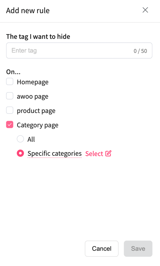 panel for adding new Hide Tag rule