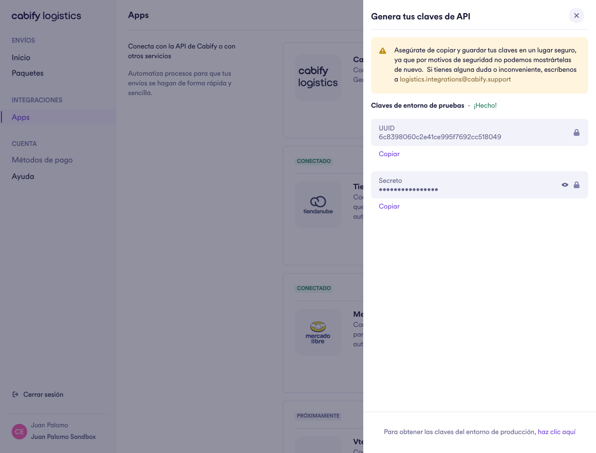 Cabify Logistics Create API Keys