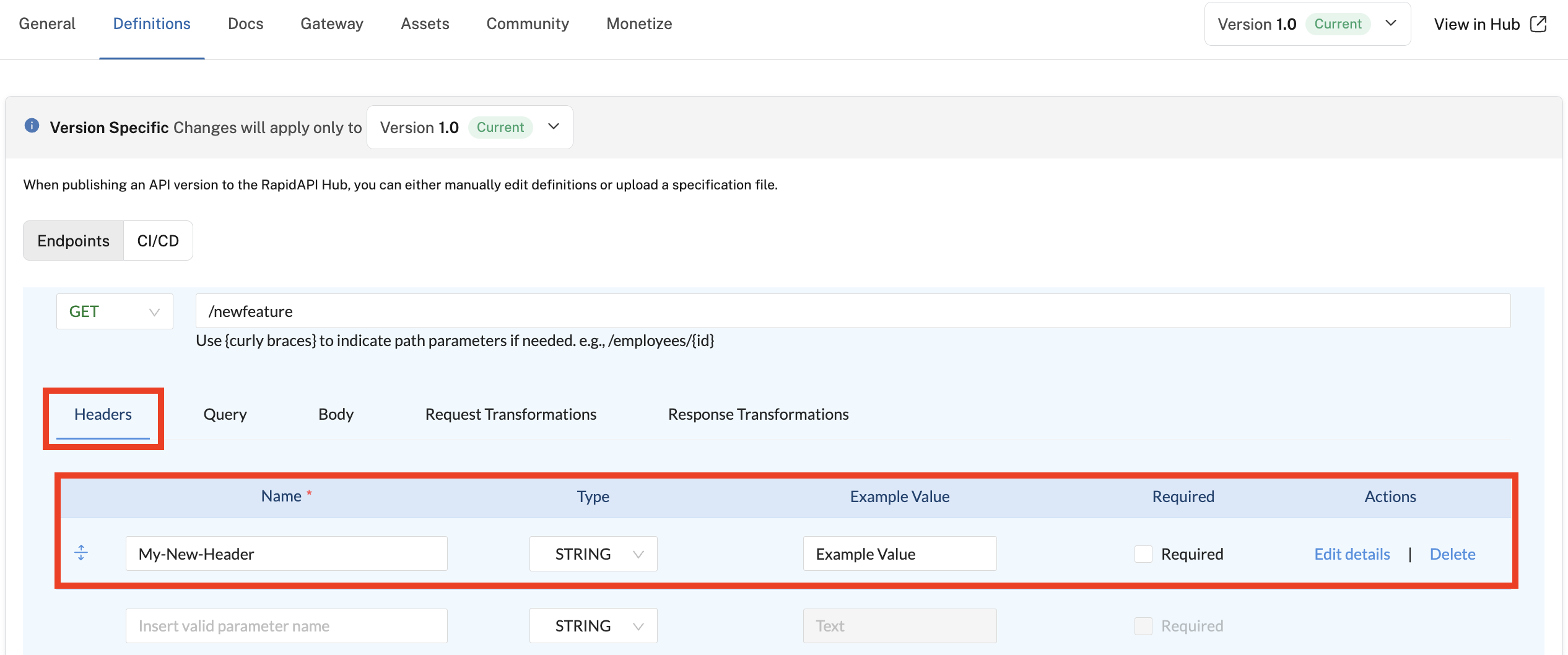 Adding an optional request header of type STRING.