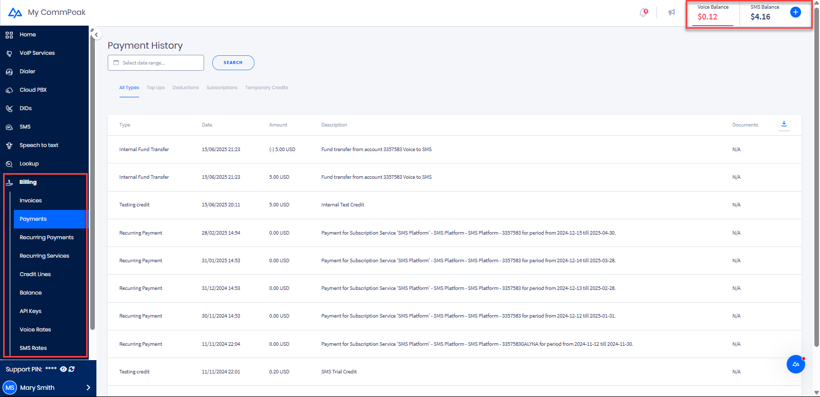 Screenshot of billing information monitoring options