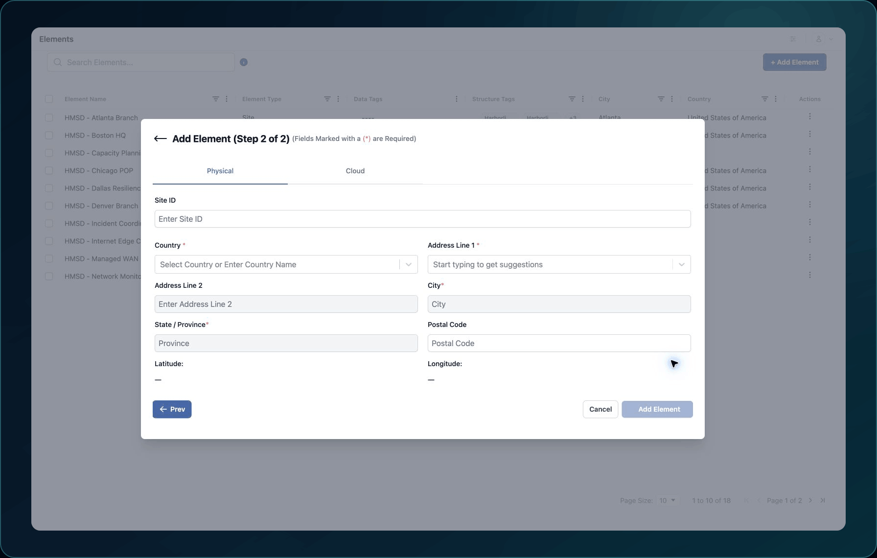 Site Element location step showing Physical and Cloud choices and the released address fields.