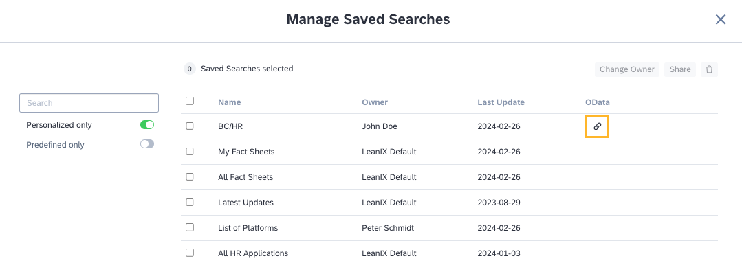 Viewing the Status of "OData Sharing Enabled" Option on the "Manage Saved Searches" Page