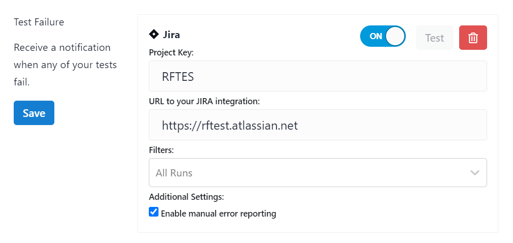 JIRA Integration with Manual Error Reporting enabled.