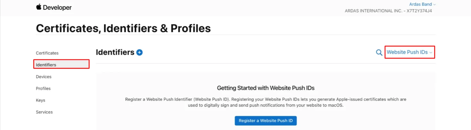 Registration of Web Push ID