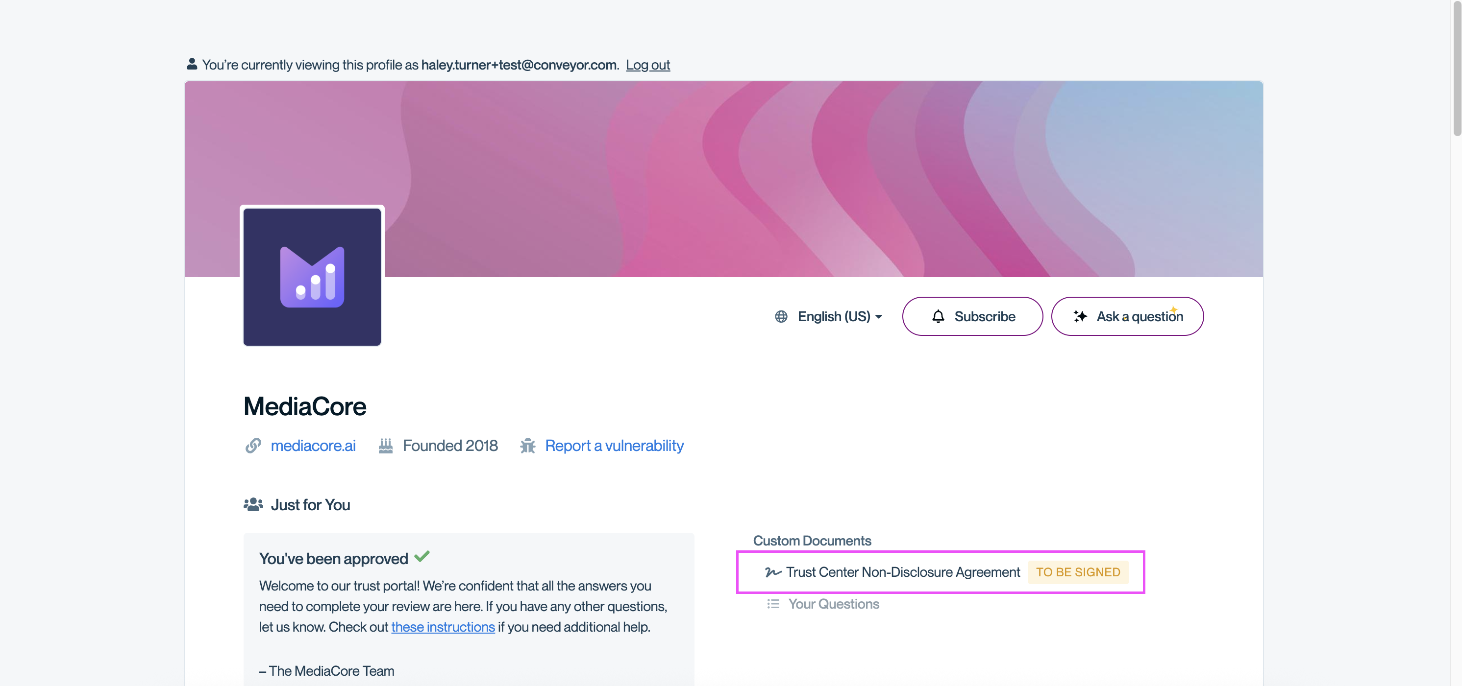 Example showing access granted, but NDA not signed