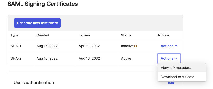 Go to **Sign On** settings in the Okta tile and click **View iDP metadata** to download the file.