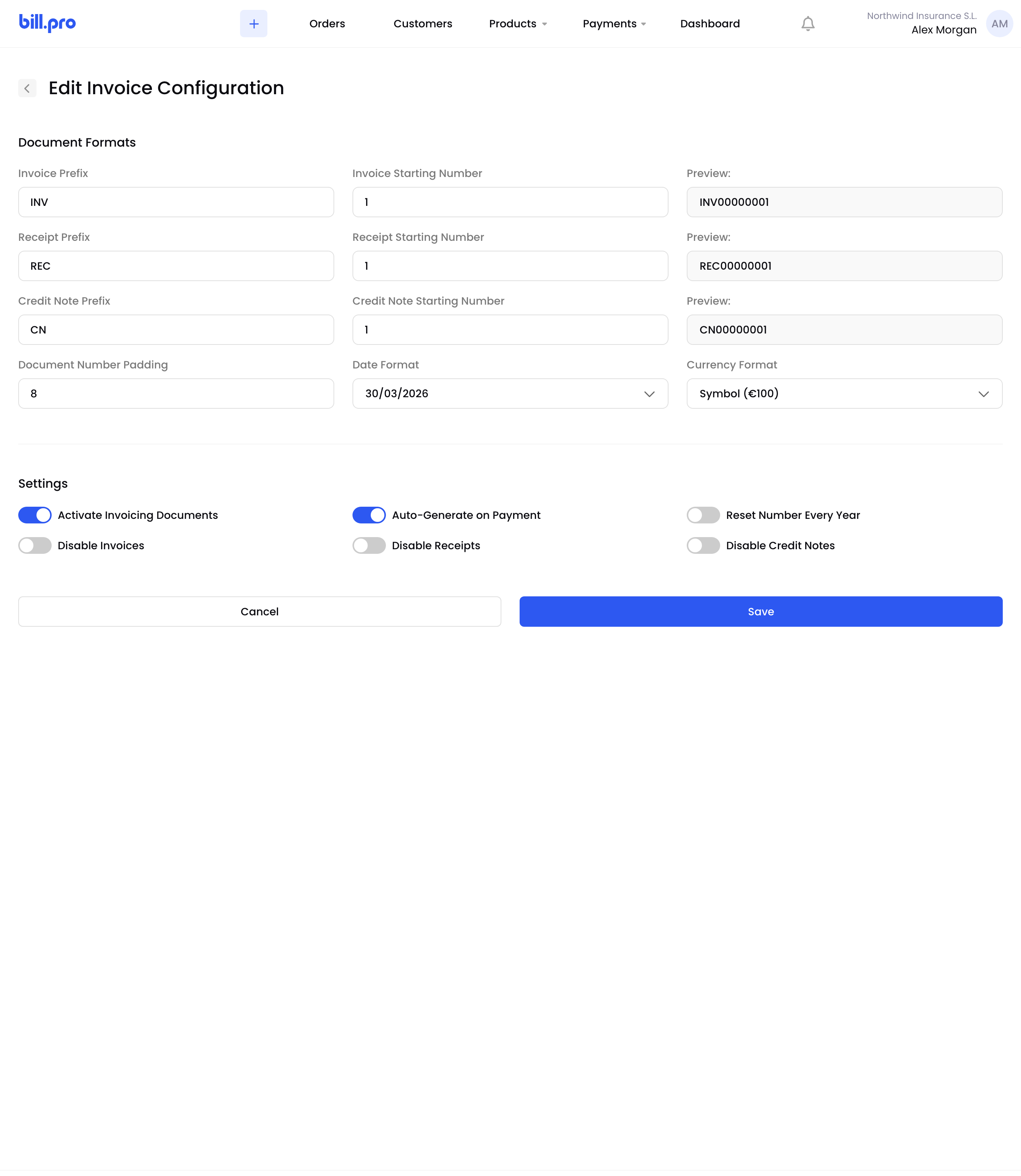 The Edit Invoice Configuration page