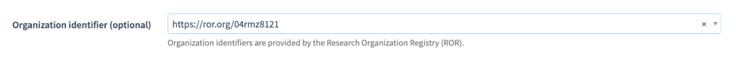 ROR ID in orgnization identifier field